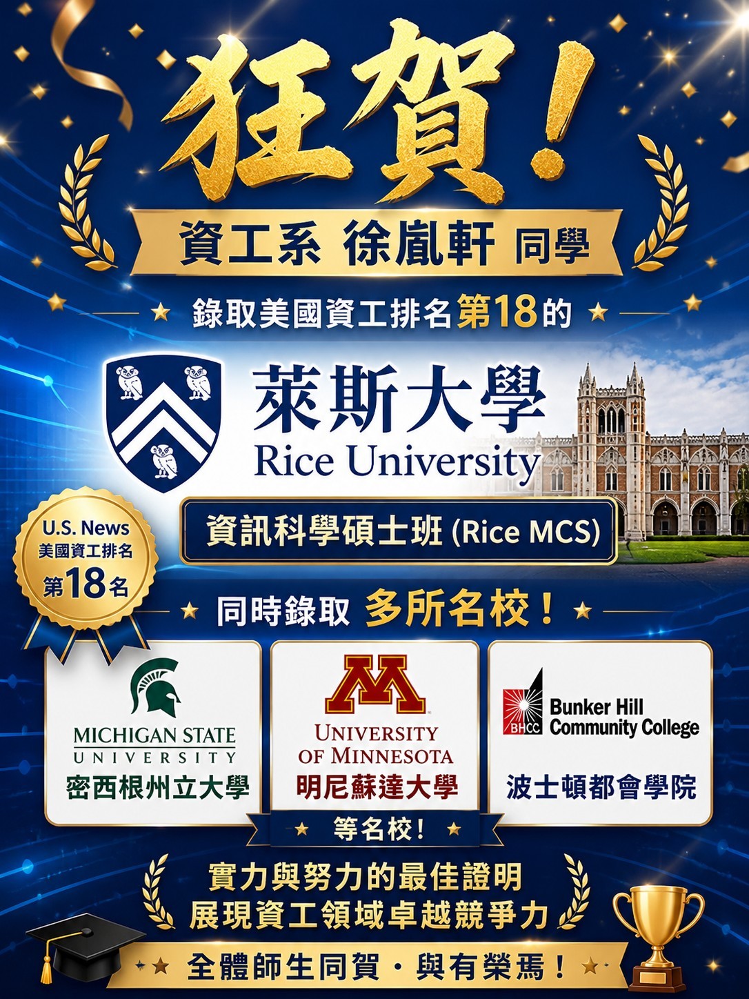 狂賀! 資工系徐胤軒同學錄取美國資工排名第18的萊斯大學資科碩士班(Rice MCS)